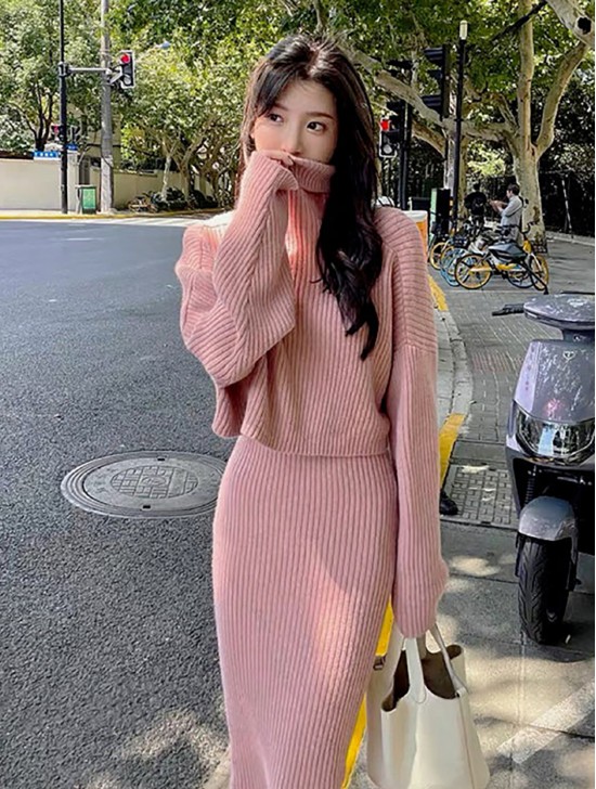 Solid Color Ribbed Sweater and Dress Set